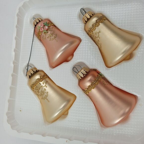 3 Box Vintage Glass Christmas Bell Round Ornaments Krebs Pink Gold Floral Ribbon - Picture 14 of 16